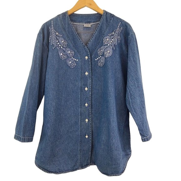 Bridge Tops - Bridge Vintage 90s Womens Sz M Floral Embroidered Denim Pearl Shirt Jacket Rodeo